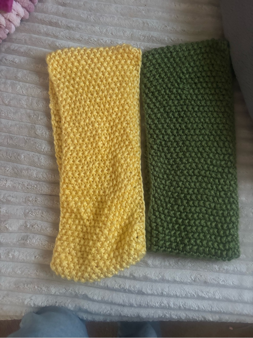 Hand-Knit Yellow and Olive Green Scarves